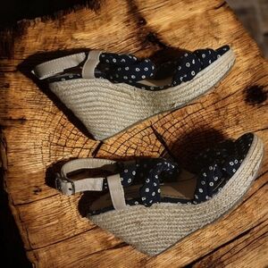 Pull And Bear Navy Polka Dot Wedge Jute Platform  Sandals